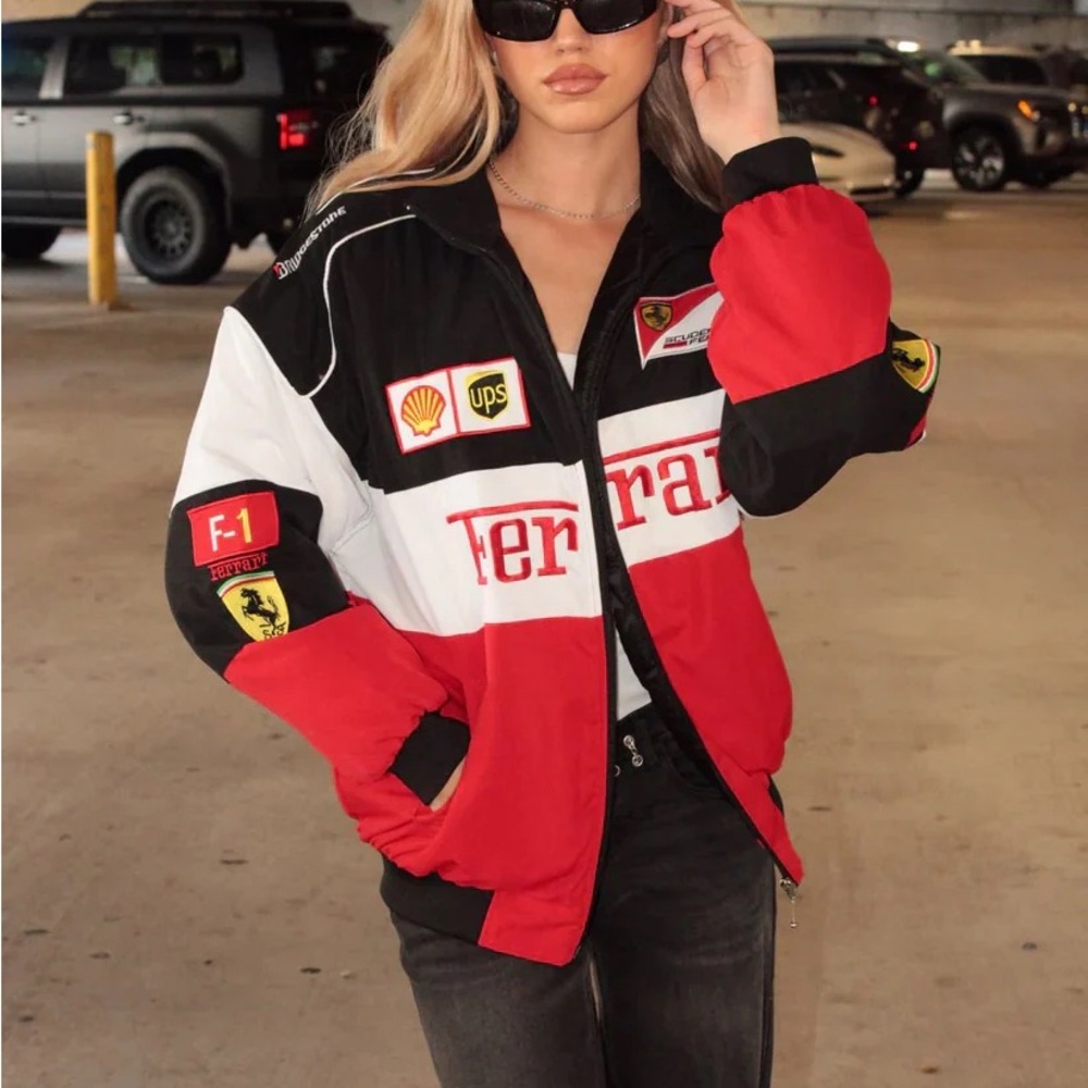 Scuderia Ferrari Women's Red, Black, and White Varsity Jacket
